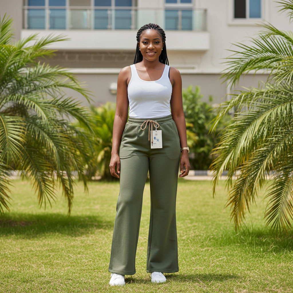 Female Nigerian Model - Olive Flare Sweatpants Front