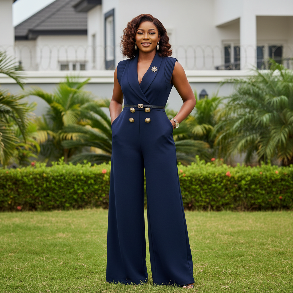 Navy Blue Sleeveless Wide-Leg Jumpsuit - Front Model View