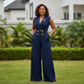 Navy Blue Sleeveless Wide-Leg Jumpsuit - Front Model View