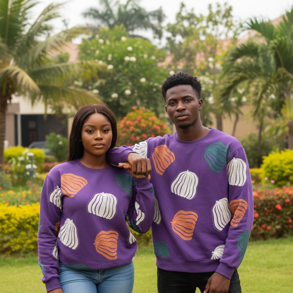 Purple Fruit Print All-Over Crew-Neck Sweatshirt – Nigerian Female and Male Models