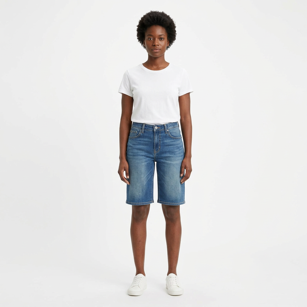 Full-body female model wearing blue faded denim Bermuda shorts