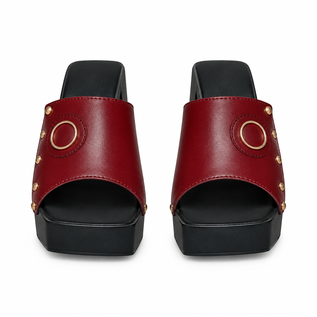 Deep red gold-ring studded platform slide sandals, front view