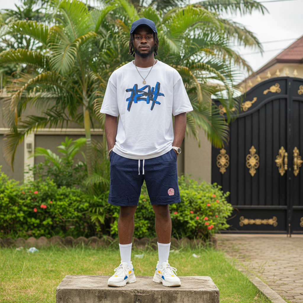 Men's navy blue drawstring shorts worn by Nigerian male model