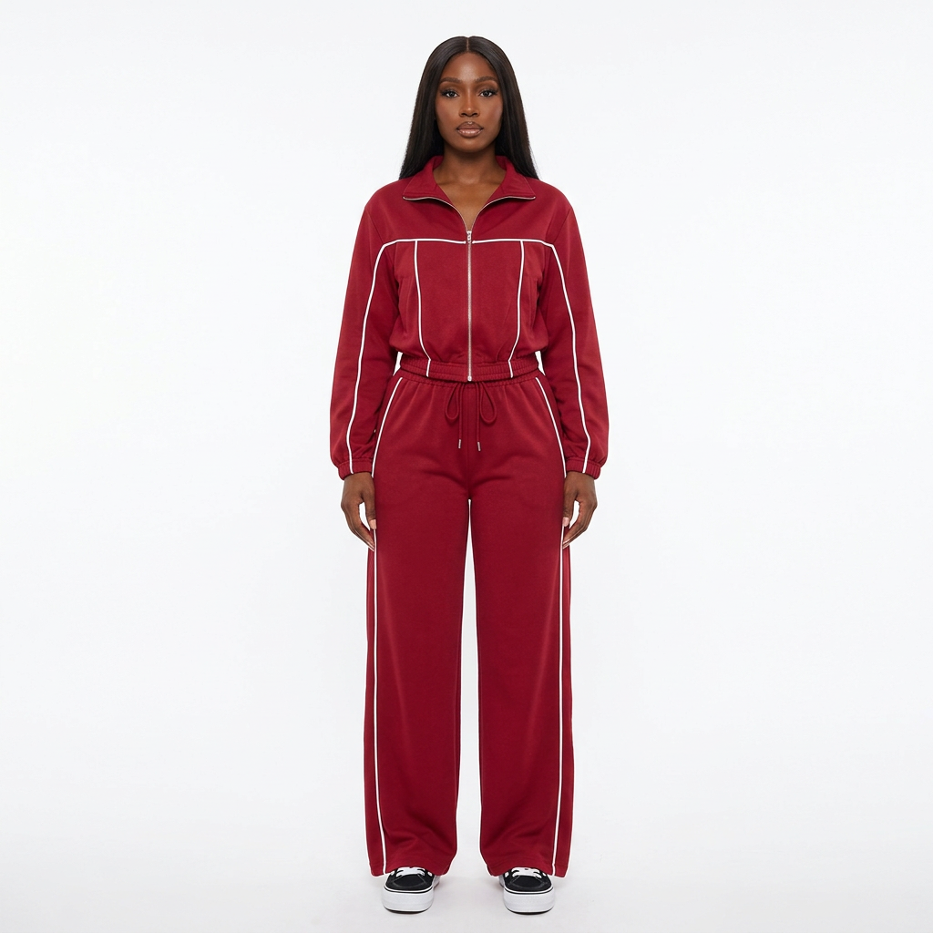 Black adult model wearing a red white-piping wide-leg tracksuit set
