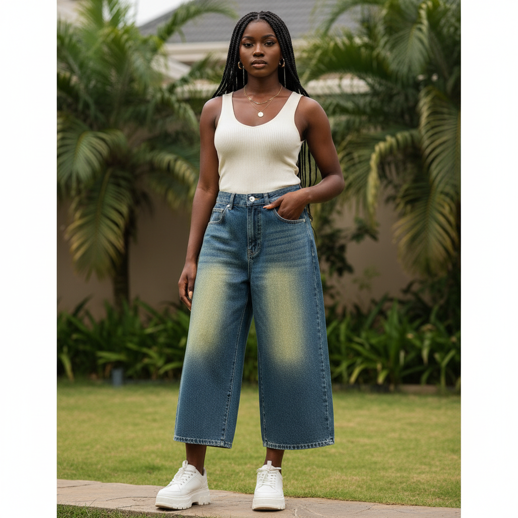 Nigerian female model wearing baggy wide-leg denim jeans, 3/4 shot