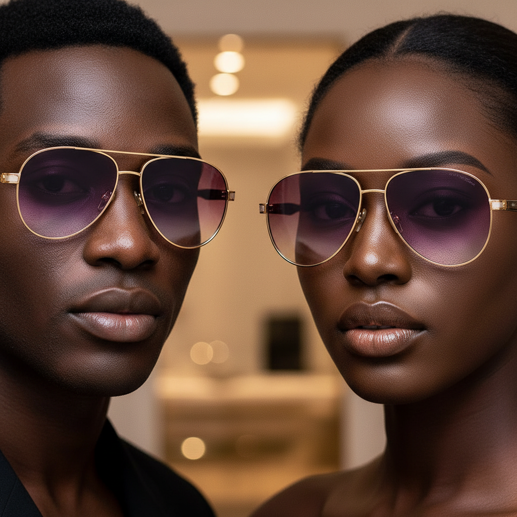 Nigerian male and female models wearing aviator sunglasses with gradient purple pink lens gold frame and tortoiseshell temple