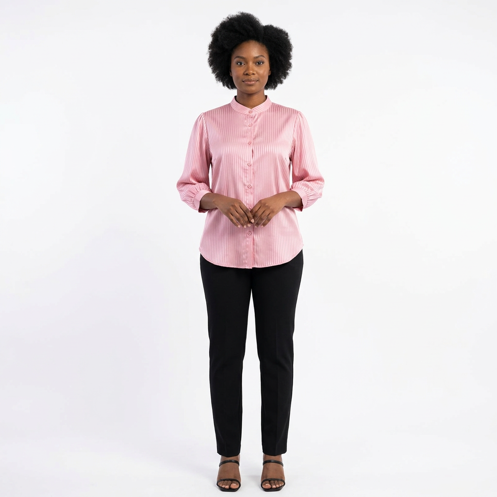 Full-body adult Black woman wearing a pink textured band-collar blouse