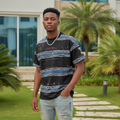 Nigerian male model wearing men's black striped print shirt