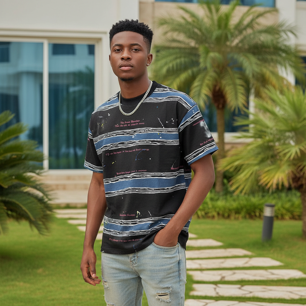 Nigerian male model wearing men's black striped print shirt