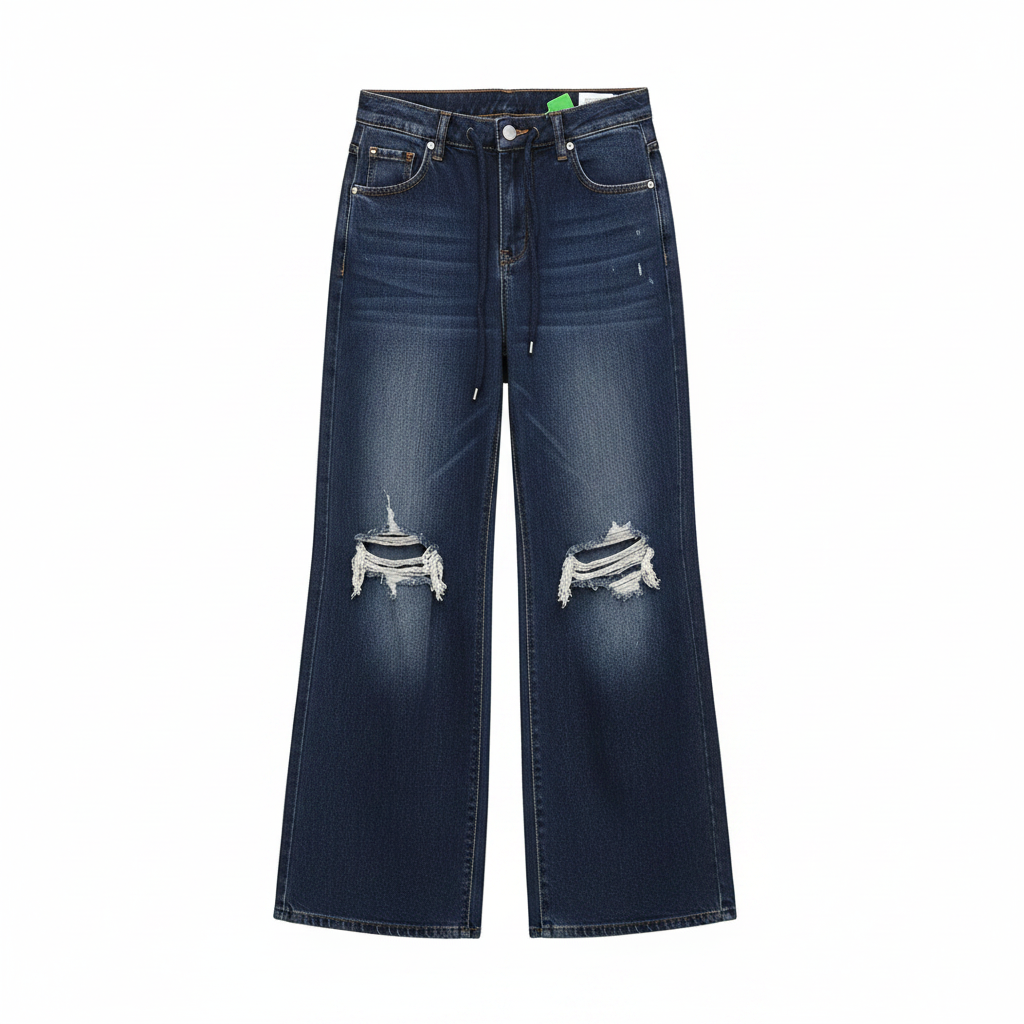 Women's dark indigo wide-leg distressed ripped knee jeans — ghost mannequin front view