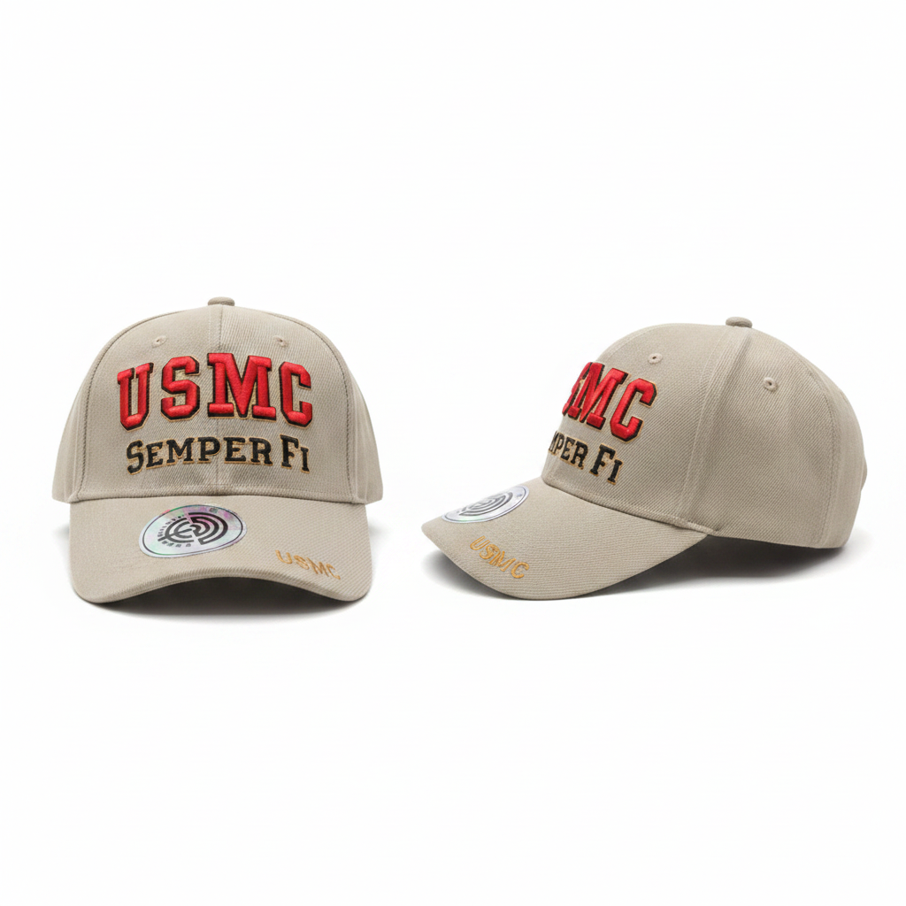 Beige USMC Semper Fi 3D puff embroidered baseball cap with circular brim badge – ghost mannequin front and side view