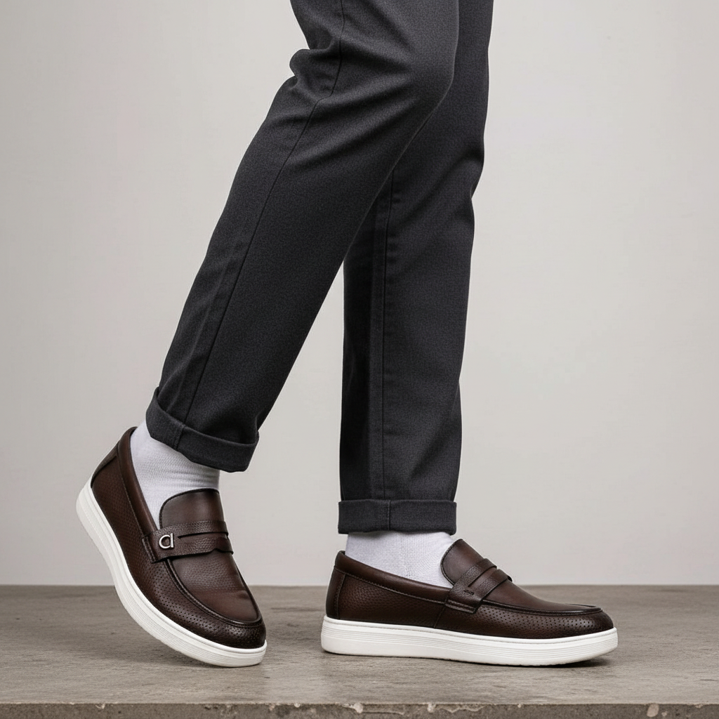 Men's Dark Brown Pebbled Leather Loafer Sneaker – Leg Focus Model Shot