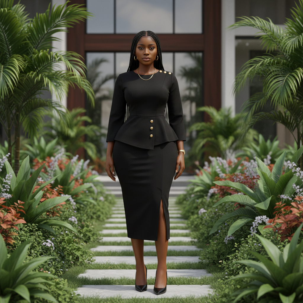 Nigerian female model wearing black structured peplum gold button co-ord set