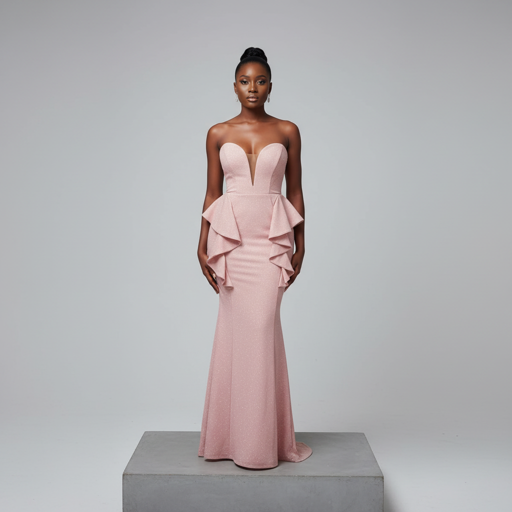 Blush Pink Glitter Ruffle Mermaid Maxi Gown – Model Shot