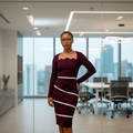 Nigerian female model in corporate office setting wearing Women's Burgundy Scallop-Neck Stripe-Trim Long-Sleeve Bodycon Midi Dress