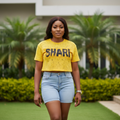 Model shot — Women's Yellow SHARI Graphic Crop Top