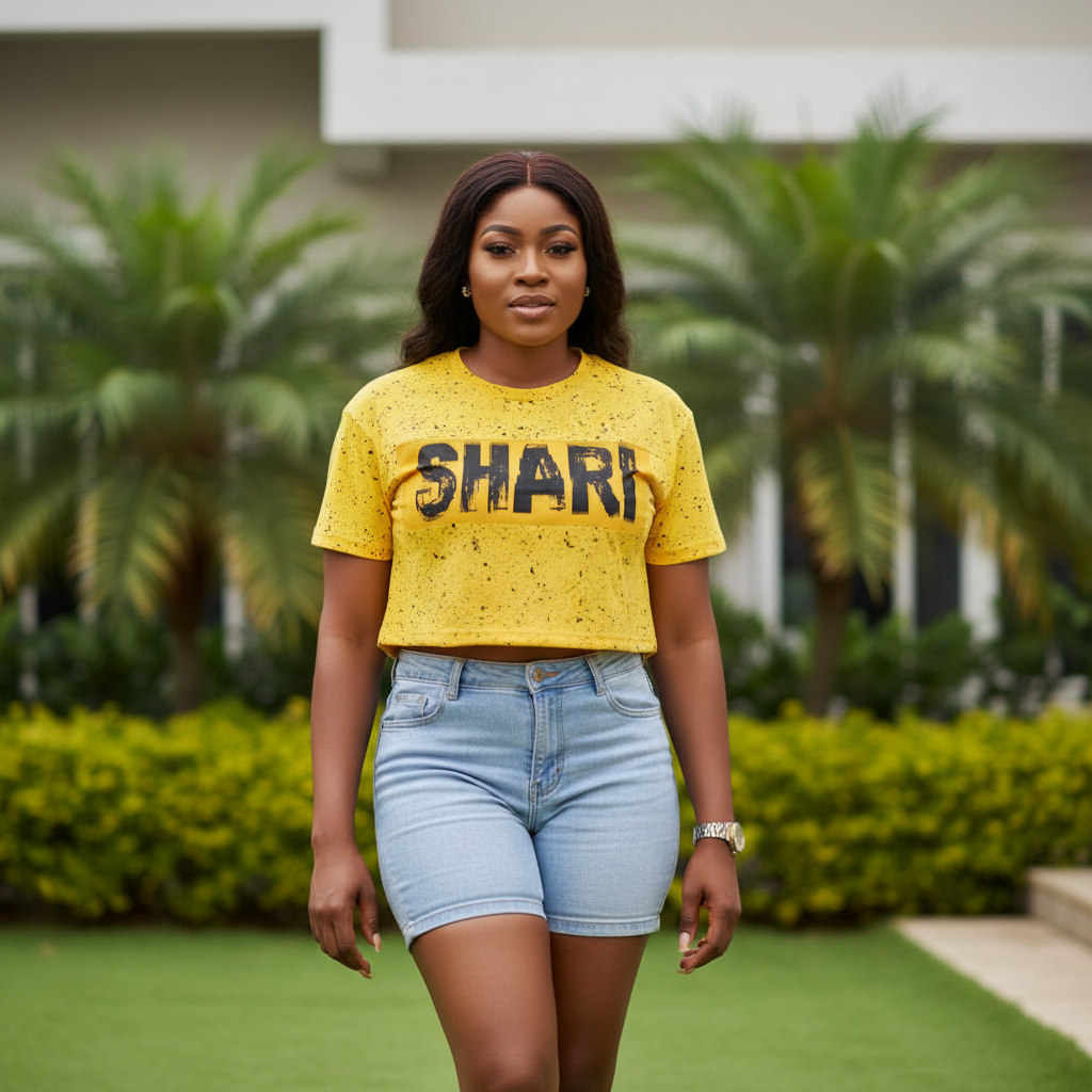 Model shot — Women's Yellow SHARI Graphic Crop Top