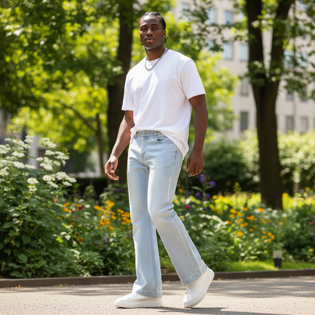 Nigerian model wearing Ice Blue Washed Flare-Leg Pearl and Rhinestone Stud Detail Jeans