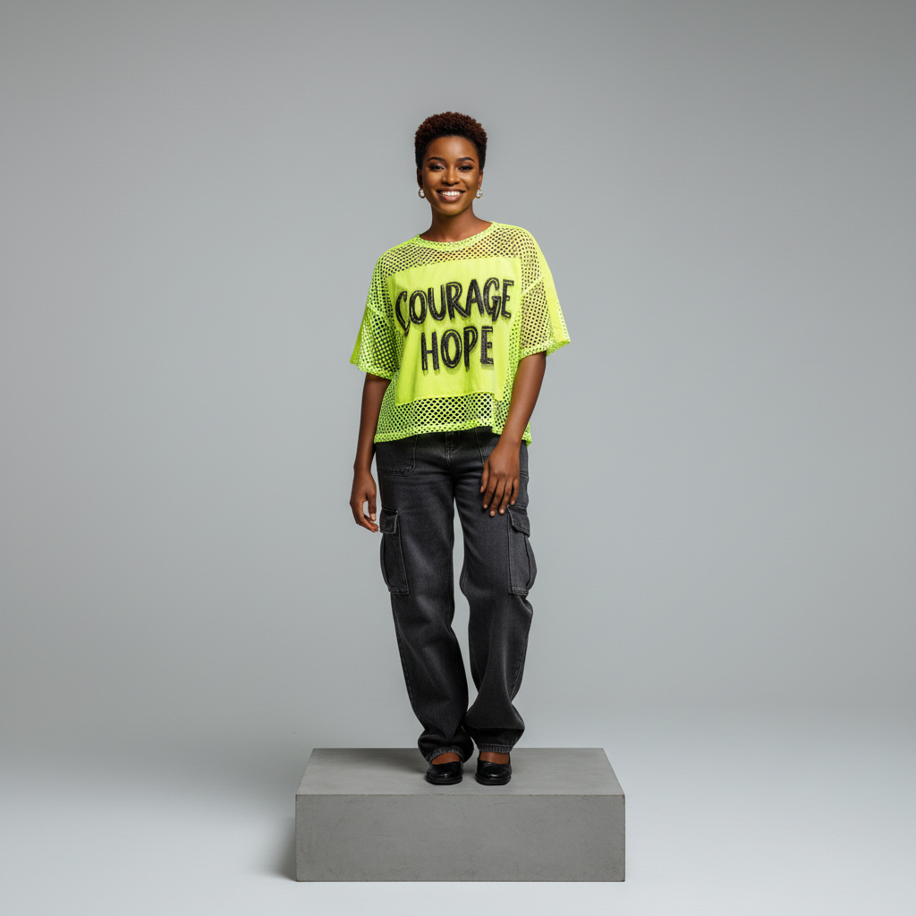 Nigerian female model front view - neon yellow mesh Courage Hope graphic top