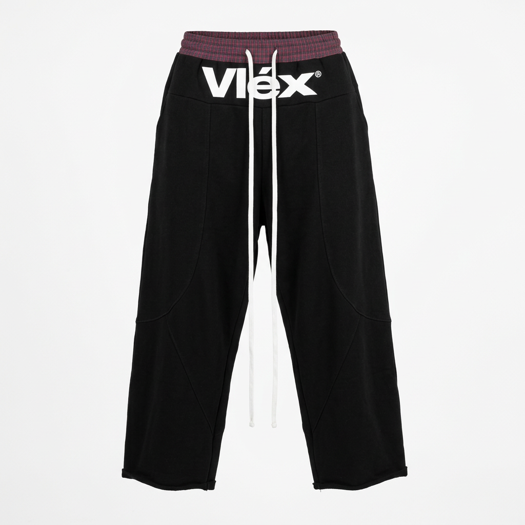 Black joggers with burgundy waistband and white drawstrings, generated ghost mannequin view