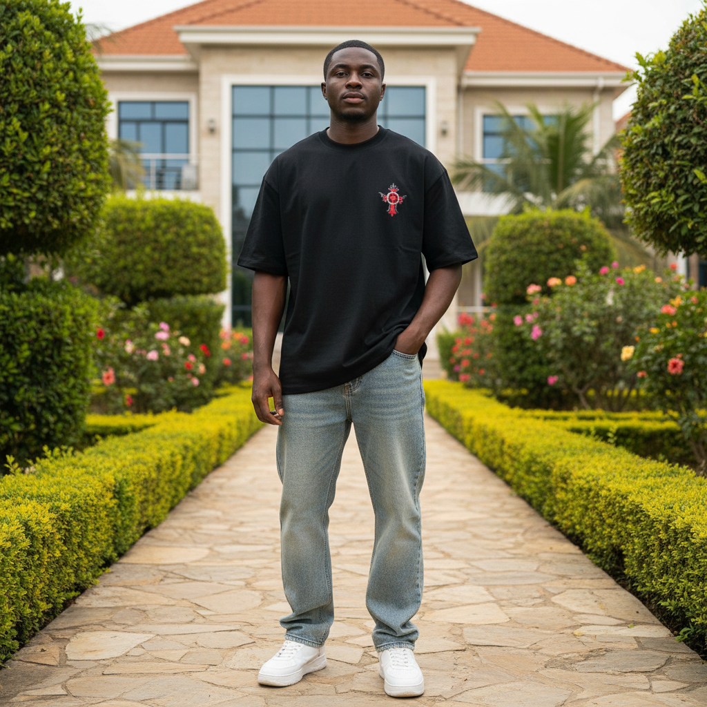 Nigerian male model wearing black gothic cross knight graphic oversized tee – front view