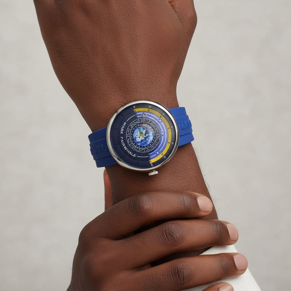 Nigerian man wearing cosmic Earth zodiac dial watch with blue silicone strap, wrist close-up