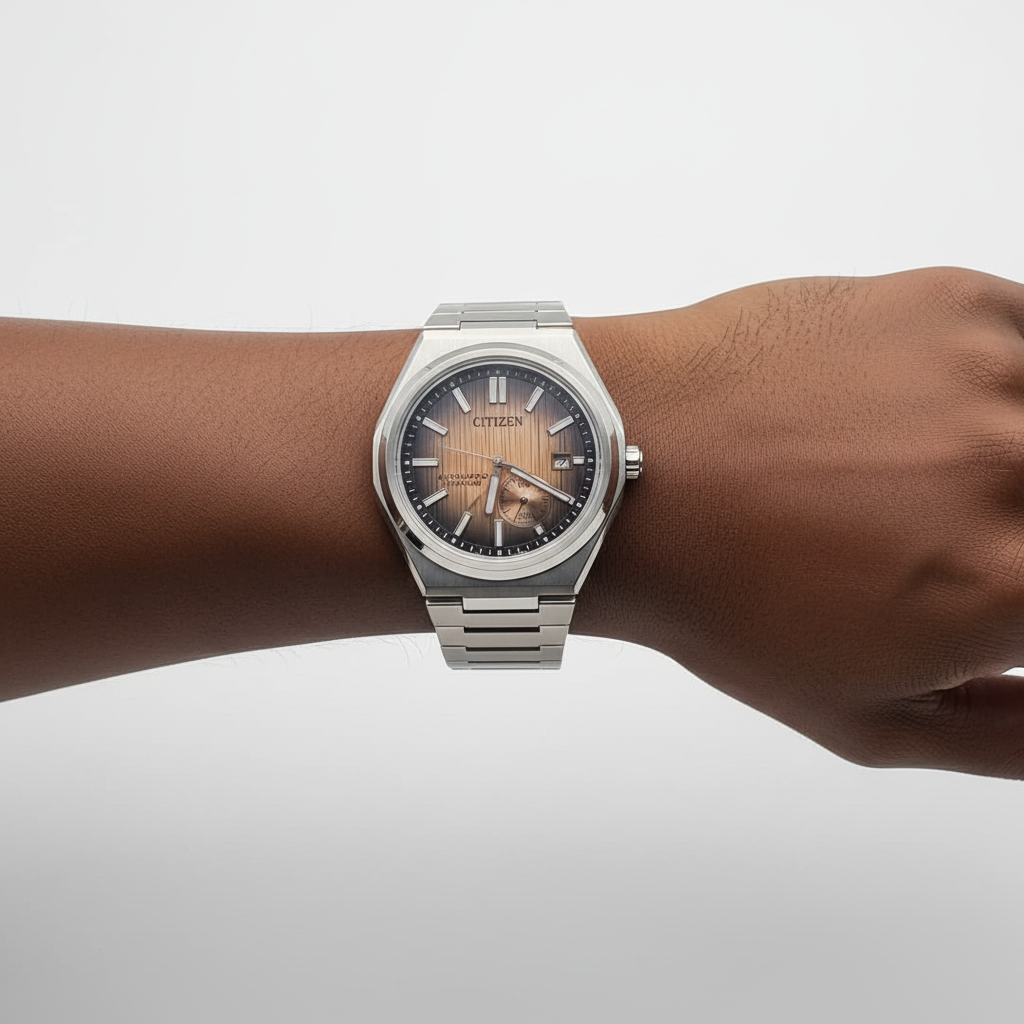 Nigerian male model wrist shot side-facing wearing gradient sunburst dial automatic titanium watch