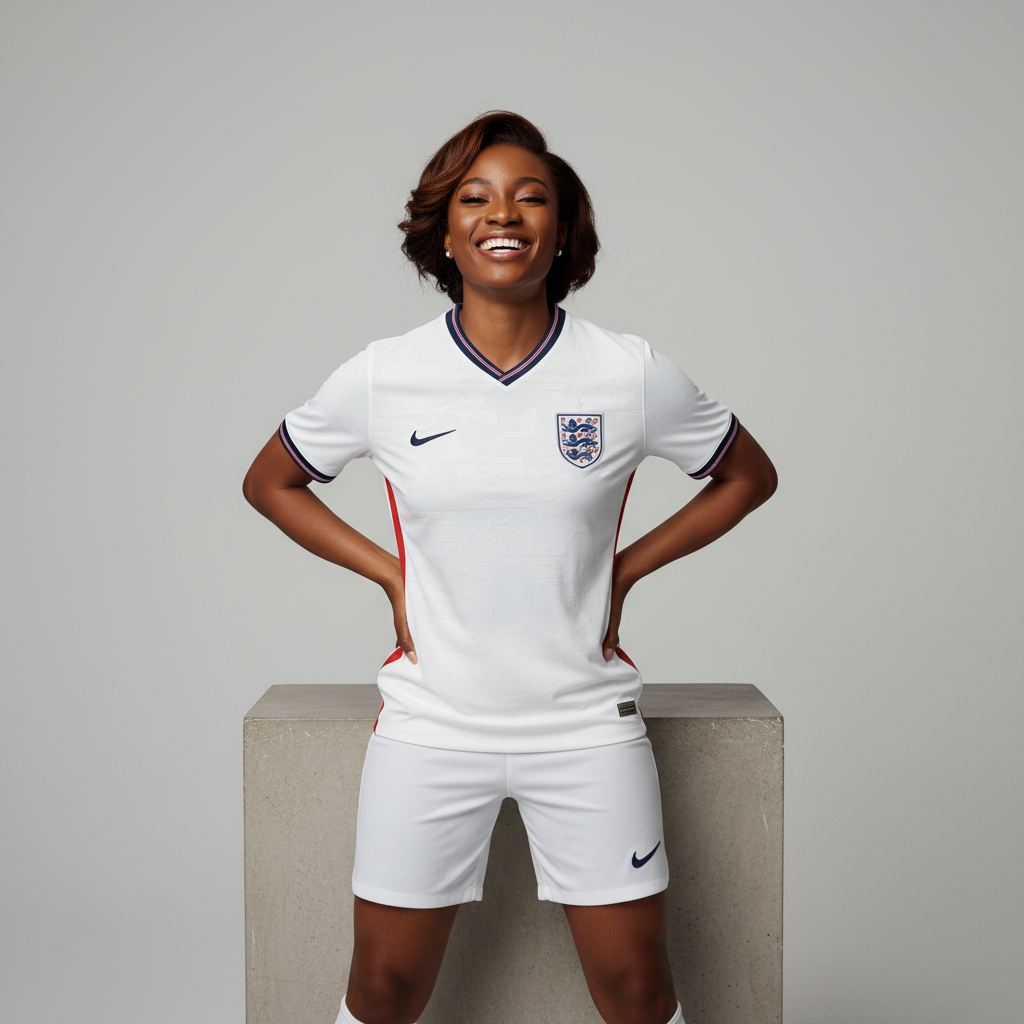 Nigerian female model full body wearing white home football jersey with white shorts on concrete plinth