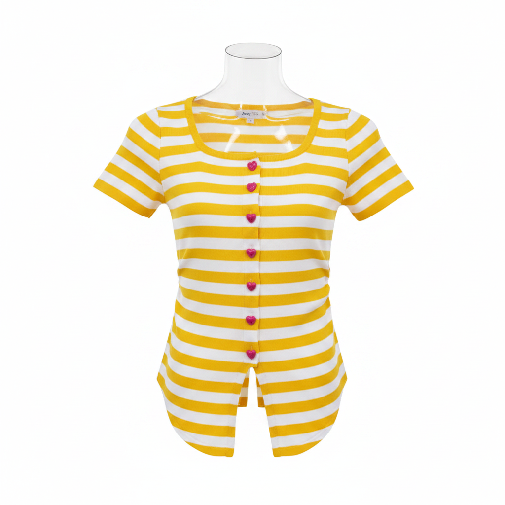 White & Yellow Striped Button-Front Top - Ghost Mannequin Front