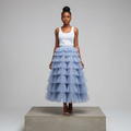 Dusty Blue Multi-Tier Ruffle Tulle Midi Skirt - Model Shot