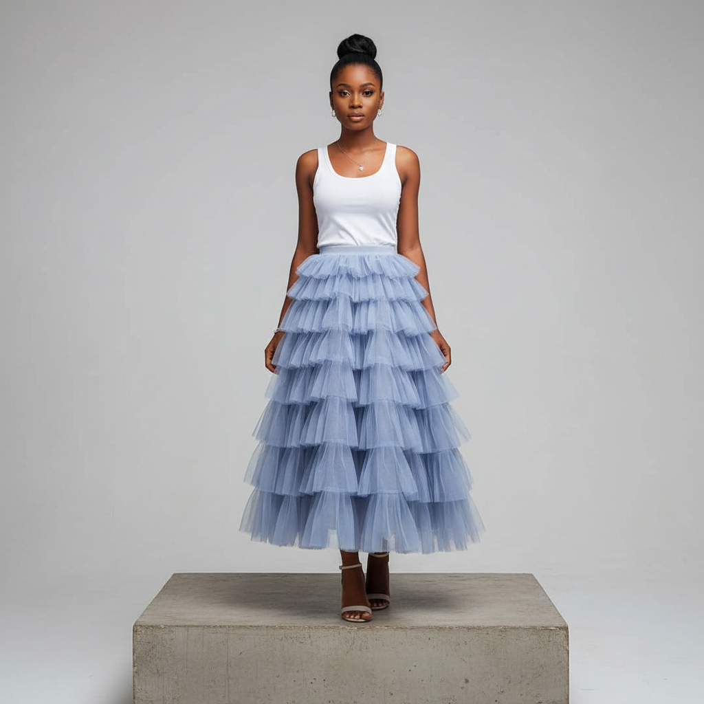 Dusty Blue Multi-Tier Ruffle Tulle Midi Skirt - Model Shot