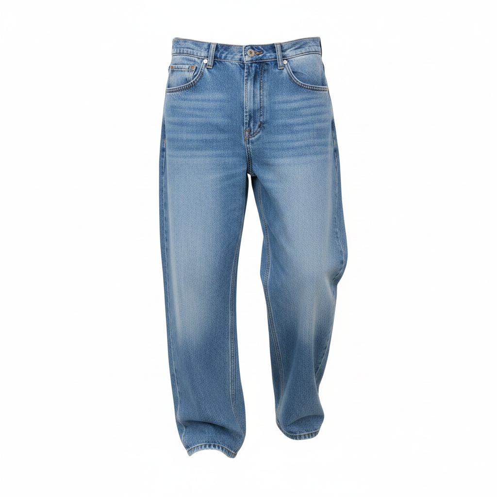 Men's light blue baggy wide-leg denim jeans ghost mannequin front view