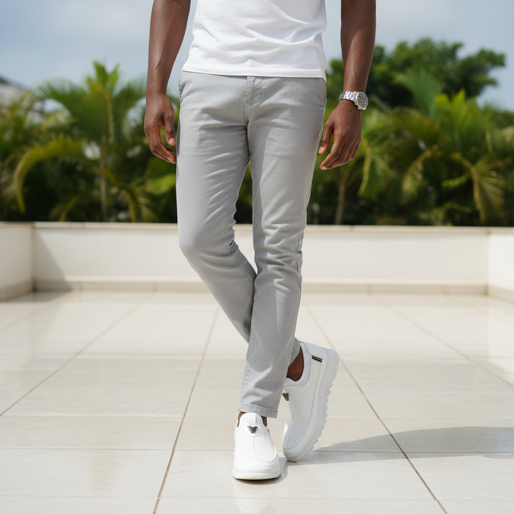 Nigerian male model wearing Jaguar all-white perforated slip-on sneakers, leg focus lifestyle shot