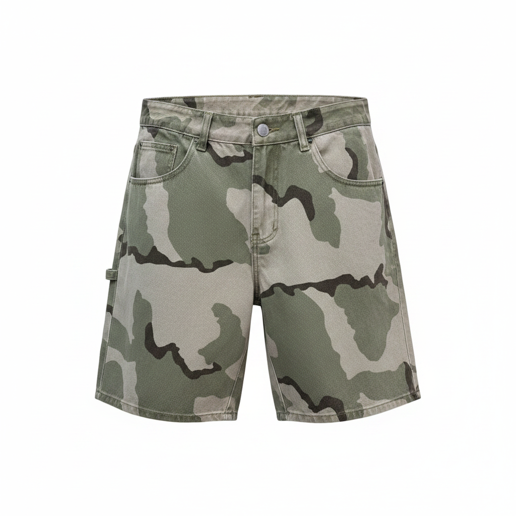Men's Camo Denim Shorts – Ghost Mannequin Front View