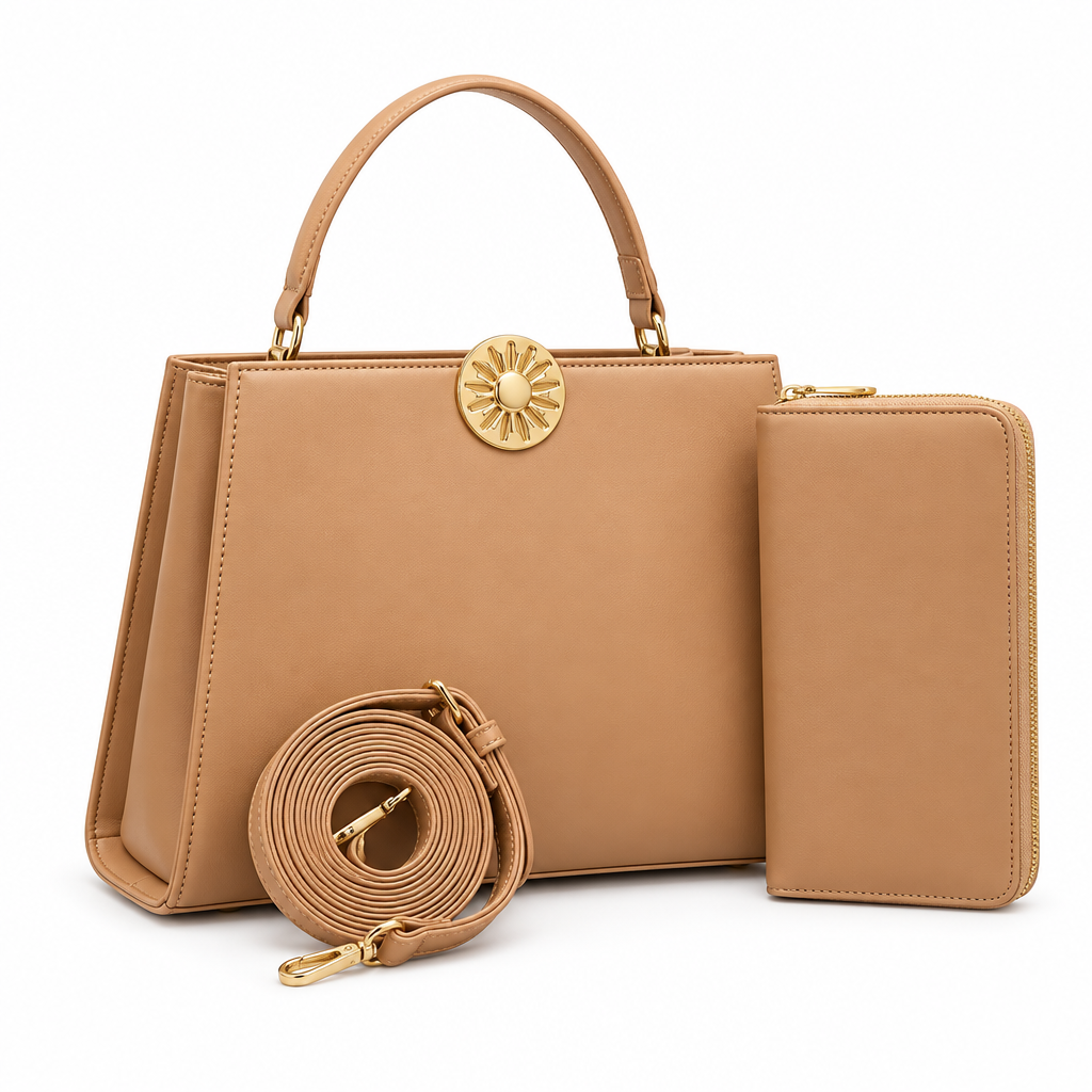 Tan sunburst-clasp handbag with matching wallet and detachable strap