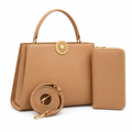 Tan sunburst-clasp handbag with matching wallet and detachable strap