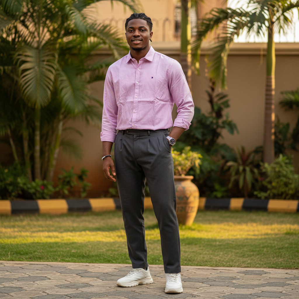 Nigerian male model wearing lilac lavender long-sleeve button-down casual shirt full body shot