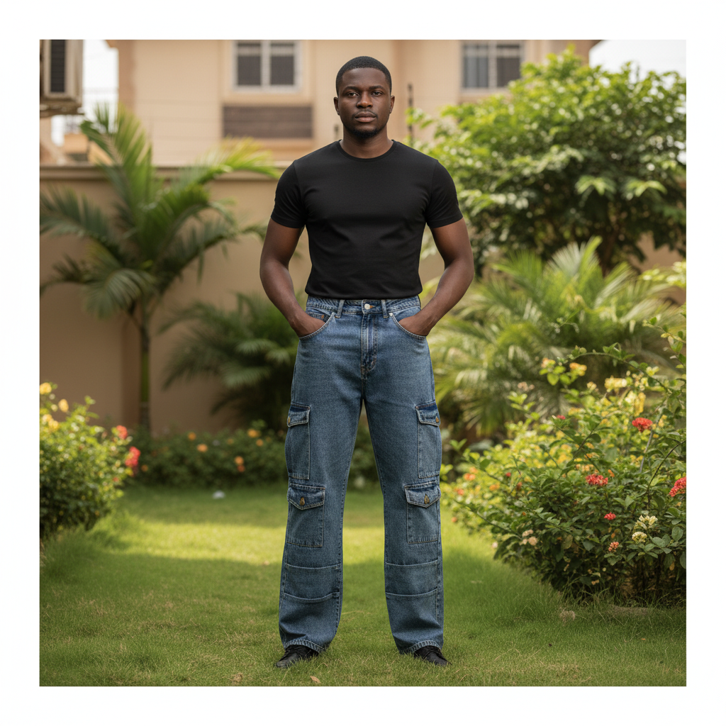 Nigerian male model wearing Women's Dark Blue Cargo Denim Jeans High-Rise Multi-Pocket