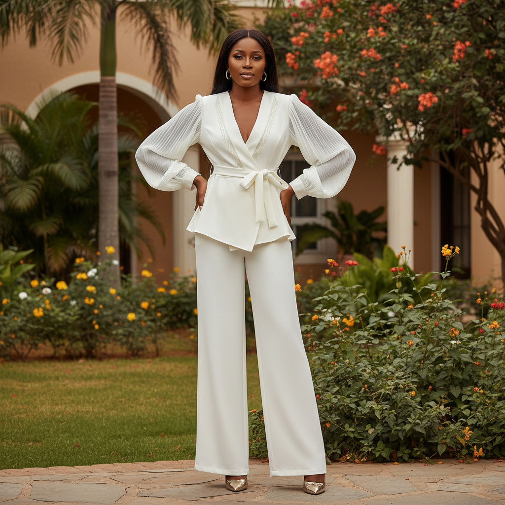 Ivory Sheer Sleeve Peplum Suit Set - Front Model View