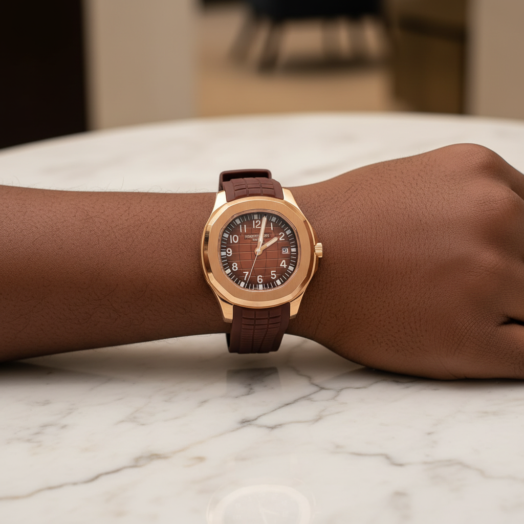 Nigerian man wrist shot wearing rose gold brown dial brown rubber strap luxury watch