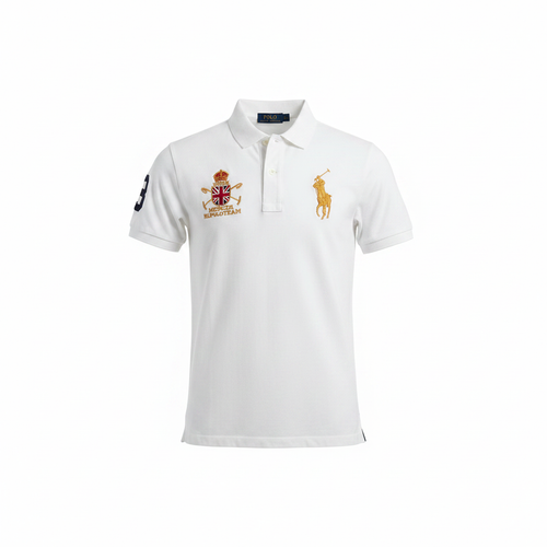 Ghost mannequin view of white polo shirt with gold crest embroidery