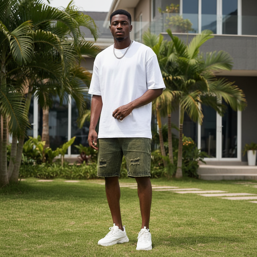 Nigerian male model wearing olive green acid wash distressed denim shorts in upscale outdoor setting