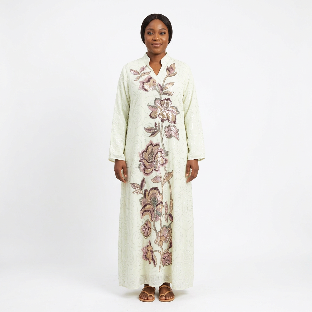 Woman wearing ivory floral shimmer-detail abaya