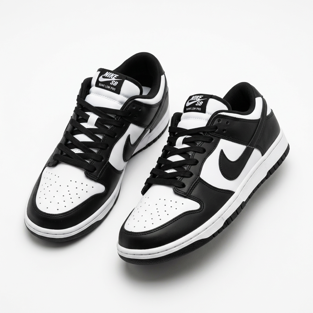 Black and white low-top sneaker pair on white