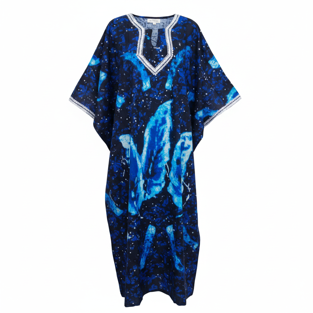 Ghost mannequin view of women's navy blue bubu dress with vivid butterfly print and white embroidered neckline