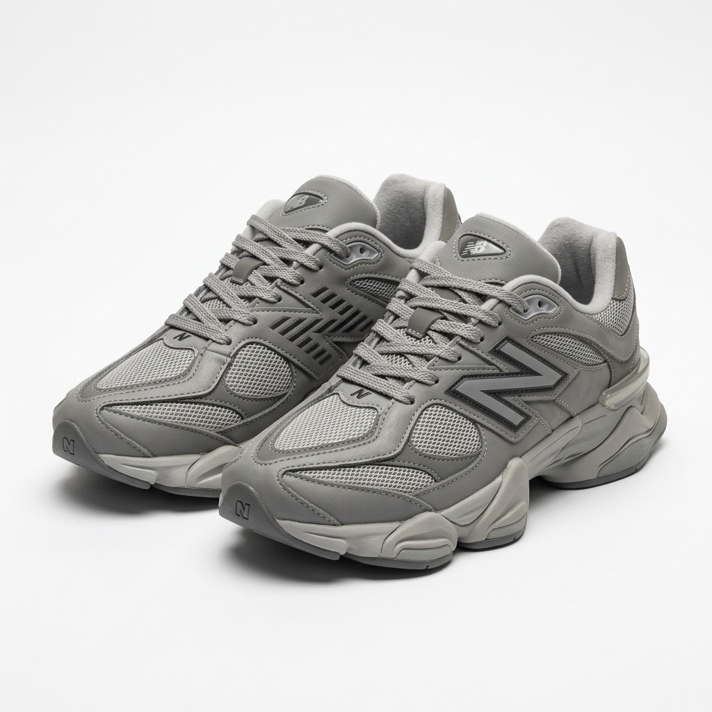 Pair of tonal grey mesh-panel chunky sneakers on a white catalogue background