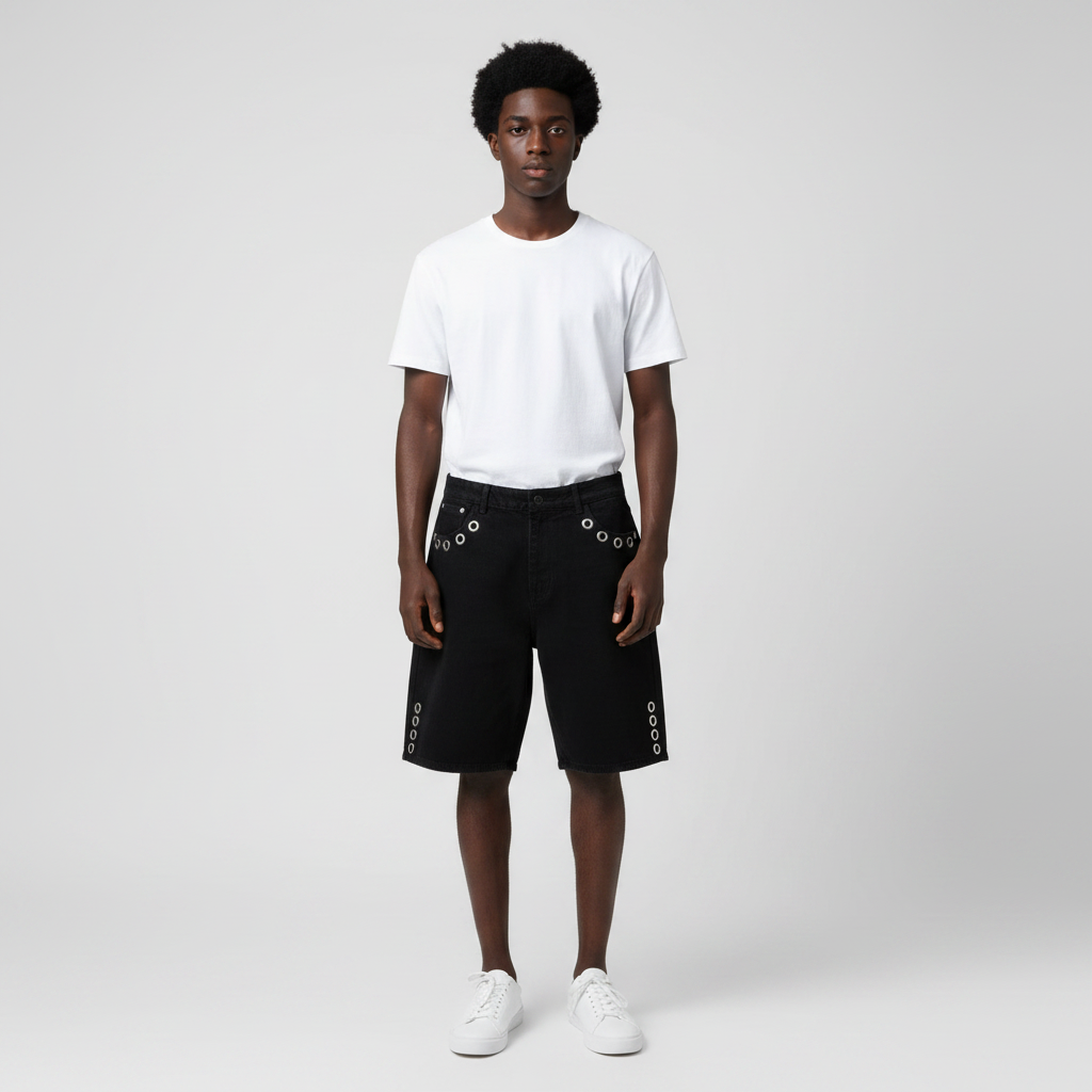Man wearing the black eyelet denim shorts