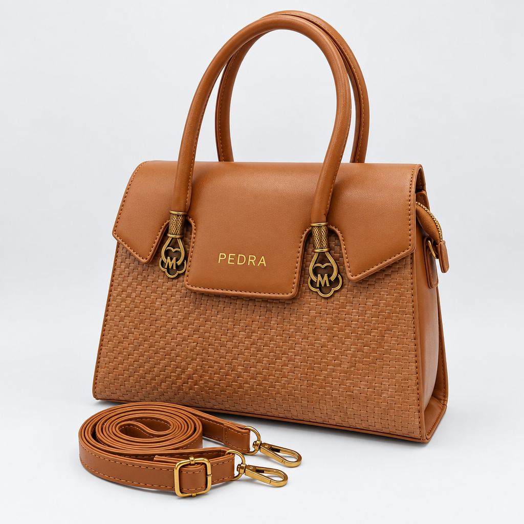 Tan brown textured double-handle handbag with matching strap
