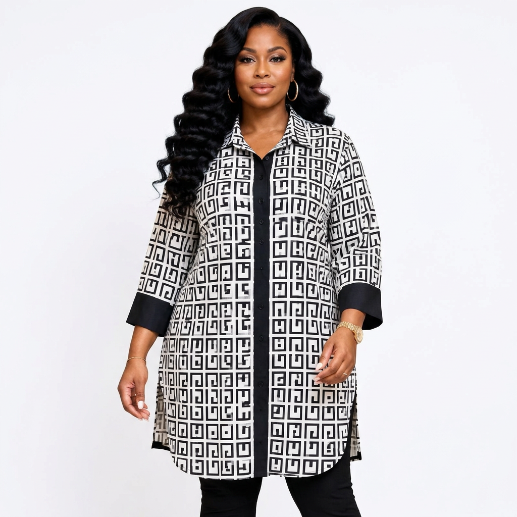 Black female model wearing a monochrome geometric longline blouse on white