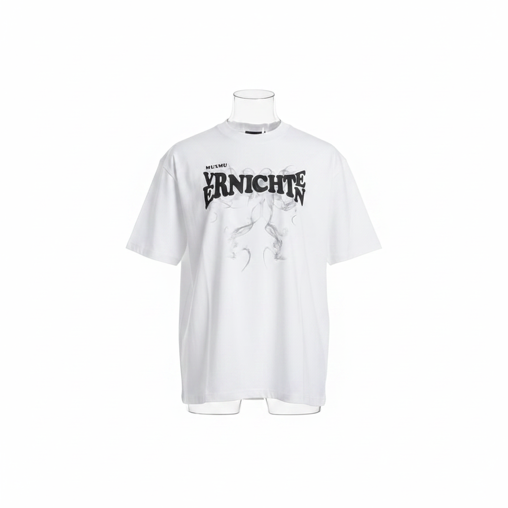 White Muxmu Gothic Text Smoke Graphic Short-Sleeved Shirt - Ghost Mannequin Front